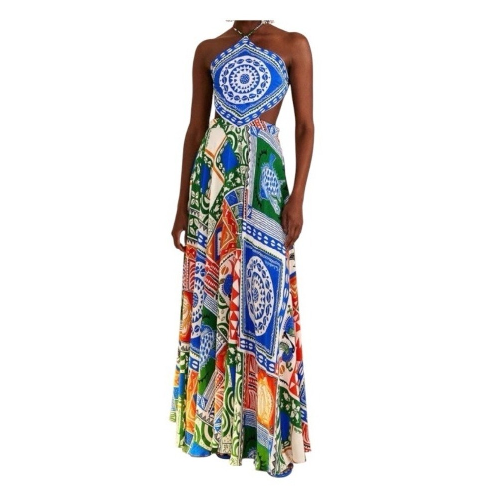Farm Rio x Alberto Pitta Halter Printed Crepe De Chine Maxi Dress Size XS